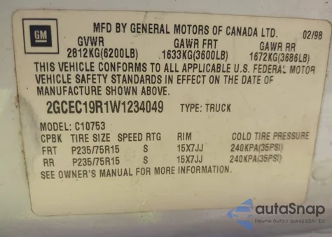 1998 Chevrolet C1500 Fleetside from USA, damaged, VIN 2GCEC19R1W1234049